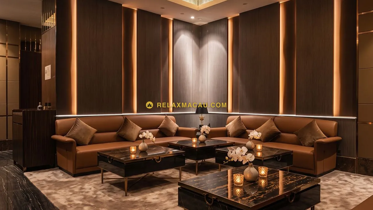 澳門KTV水療利澳薈 Clube Rio 主廳——玫瑰花牆之間的橙色真皮沙發與祥雲圖案地毯