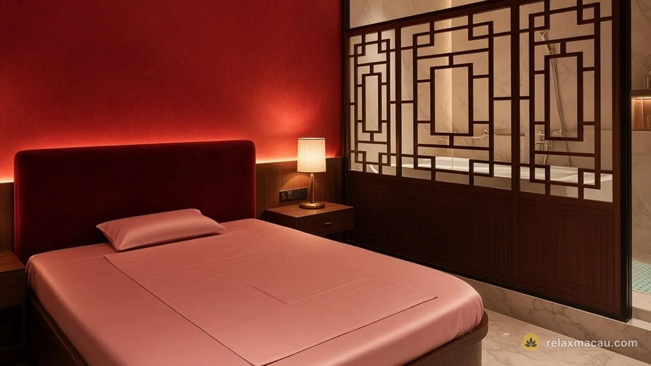 A private massage room at Yu Sauna, a Macau sauna: red walls, a deep red headboard and pink sheets, with a bathtub visible behind a wooden lattice screen on the right