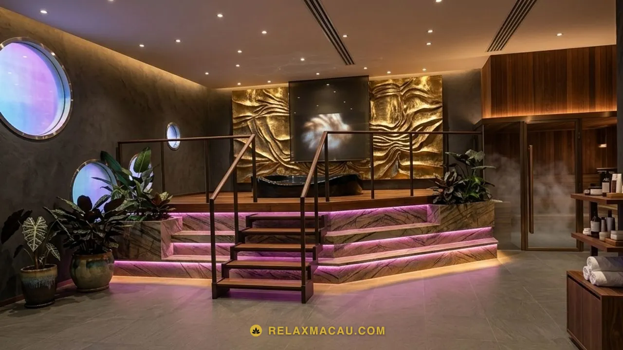 Macau sauna bathing floor with pink-lit marble steps rising to a soaking pool, a gold relief wall behind, potted plants and a steam-fogged glass sauna cabin