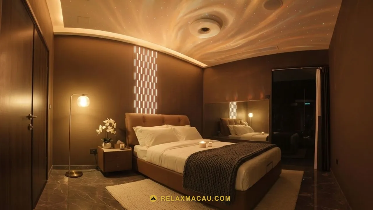 澳門桑拿過夜主題套房——玖號水療的星空頂睡房，星光投影天花下的大床與柔和床頭燈。