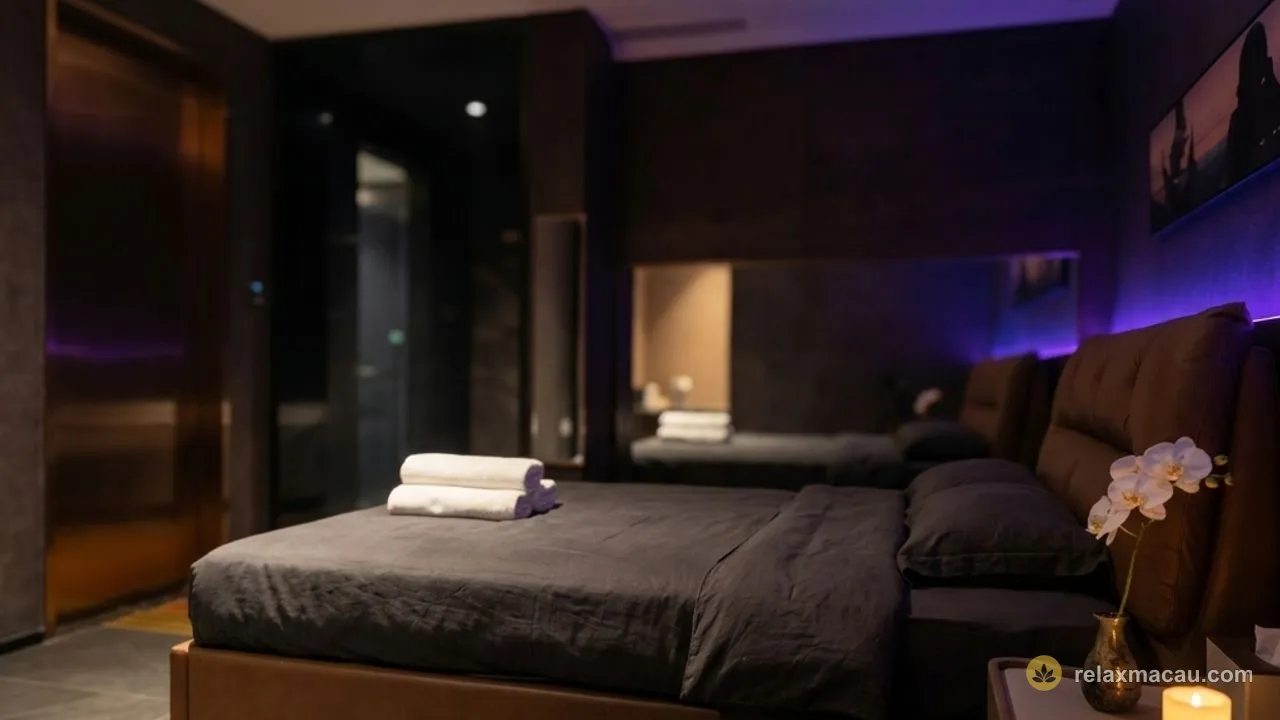Macau sauna Number Nine Spa's private massage room, one made bed and a wash of purple light on the wall