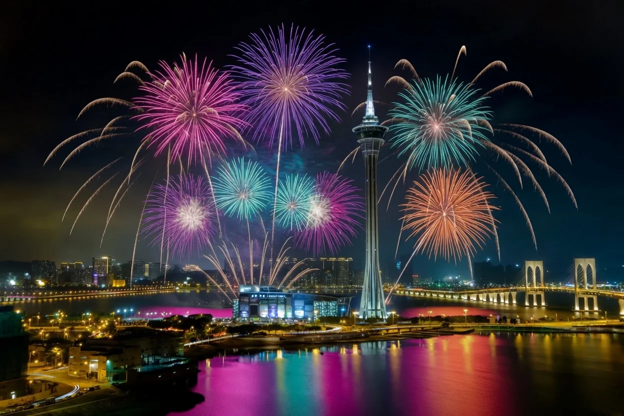 Macau sauna concierge for travelers — Macau Tower fireworks at night