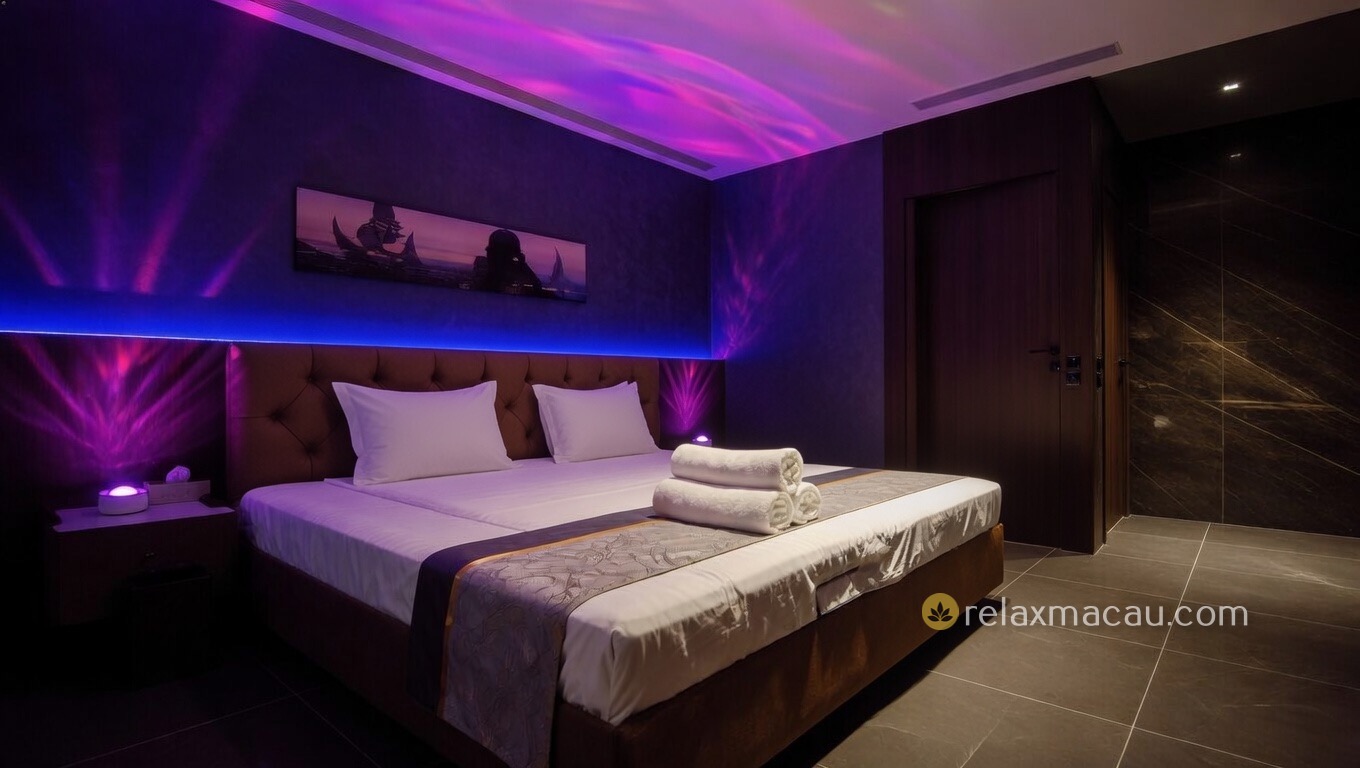 Number Nine Spa purple-blue ambient room, soft lighting