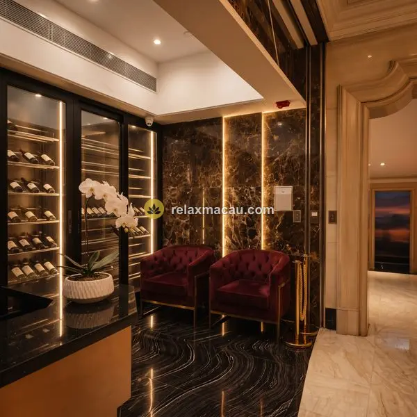 Clube Rio reception — wine wall and marble foyer