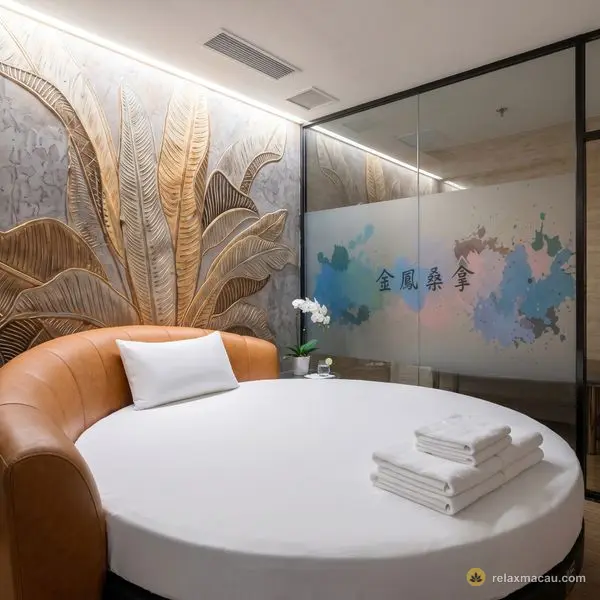 金鳳桑拿圓床房 — 金色芭蕉葉浮雕牆與啡色皮革圓床