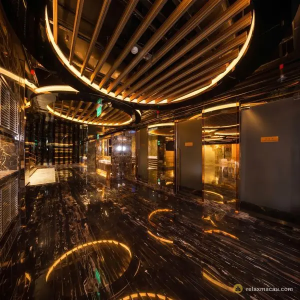 マジェスティスパ 曲線木目の廊下｜マカオ サウナ